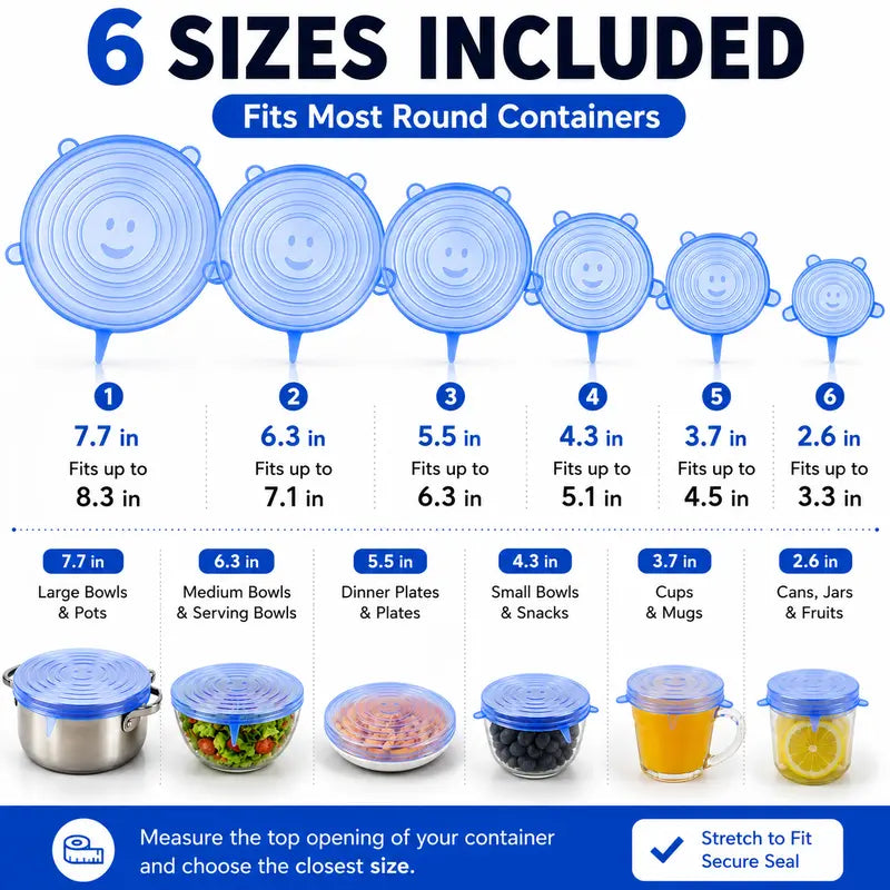 🥗 6-Pack Silicone Stretch Lids – Reusable♻️, BPA-Free & Leak-Proof Covers for Bowls, Pots, Cups & Fruits