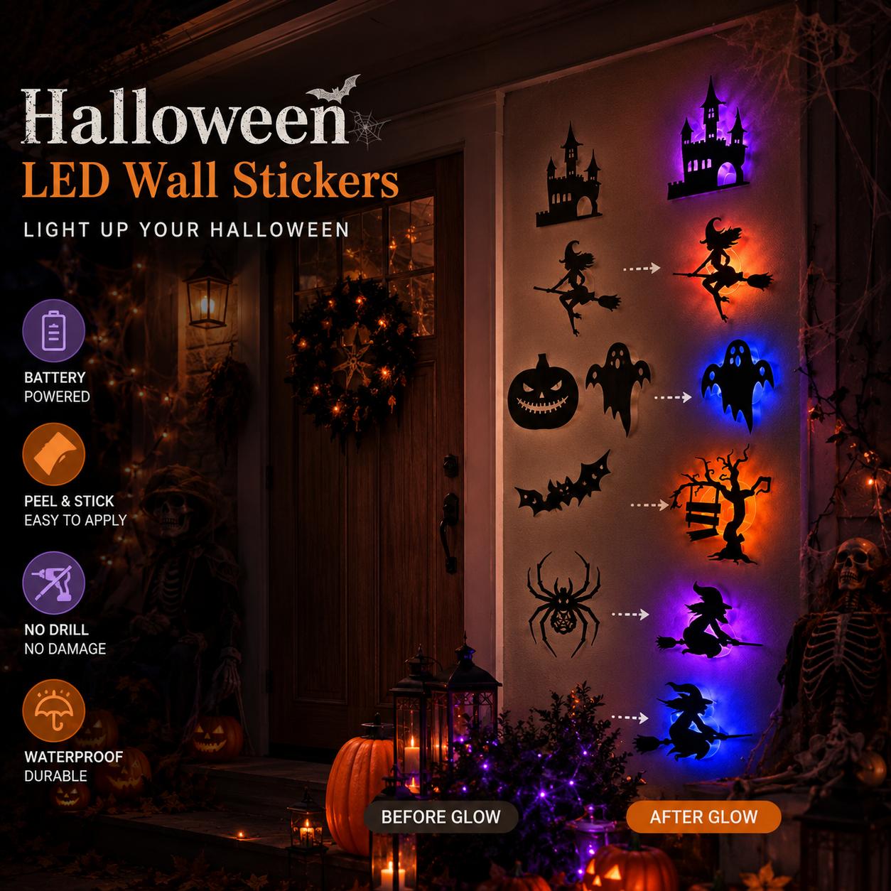 🔥LAST DAY 49% OFF🔥🎃Halloween LED Silhouette Wall Light Stickers | Battery Powered Peel & Stick Spooky Party Decor