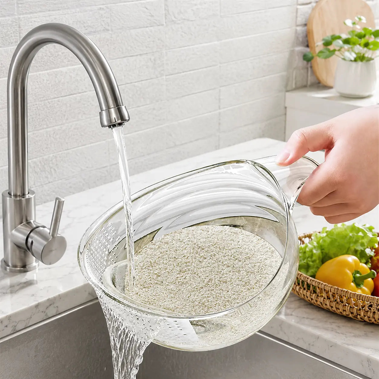 Aesthetic Multifunctional Rice Strainer with Handle - Sturdy BPA-Free Transparent Plastic Kitchen Utensils.
