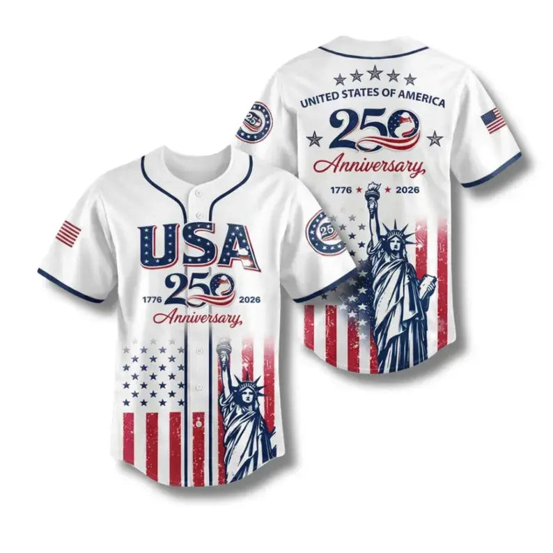 Men's USA 250th Anniversary Baseball Jersey - Patriotic Statue Print Fashion Apparel