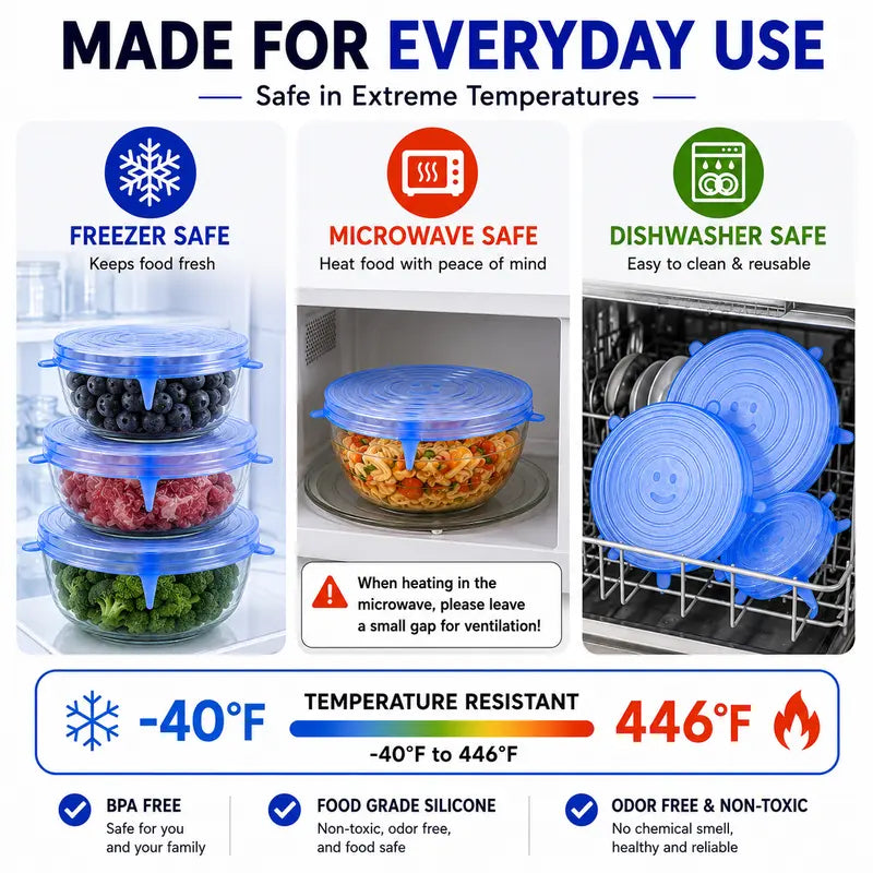 🥗 6-Pack Silicone Stretch Lids – Reusable♻️, BPA-Free & Leak-Proof Covers for Bowls, Pots, Cups & Fruits
