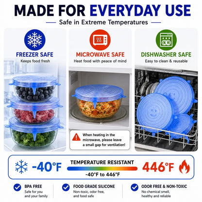 🥗 6-Pack Silicone Stretch Lids – Reusable♻️, BPA-Free & Leak-Proof Covers for Bowls, Pots, Cups & Fruits