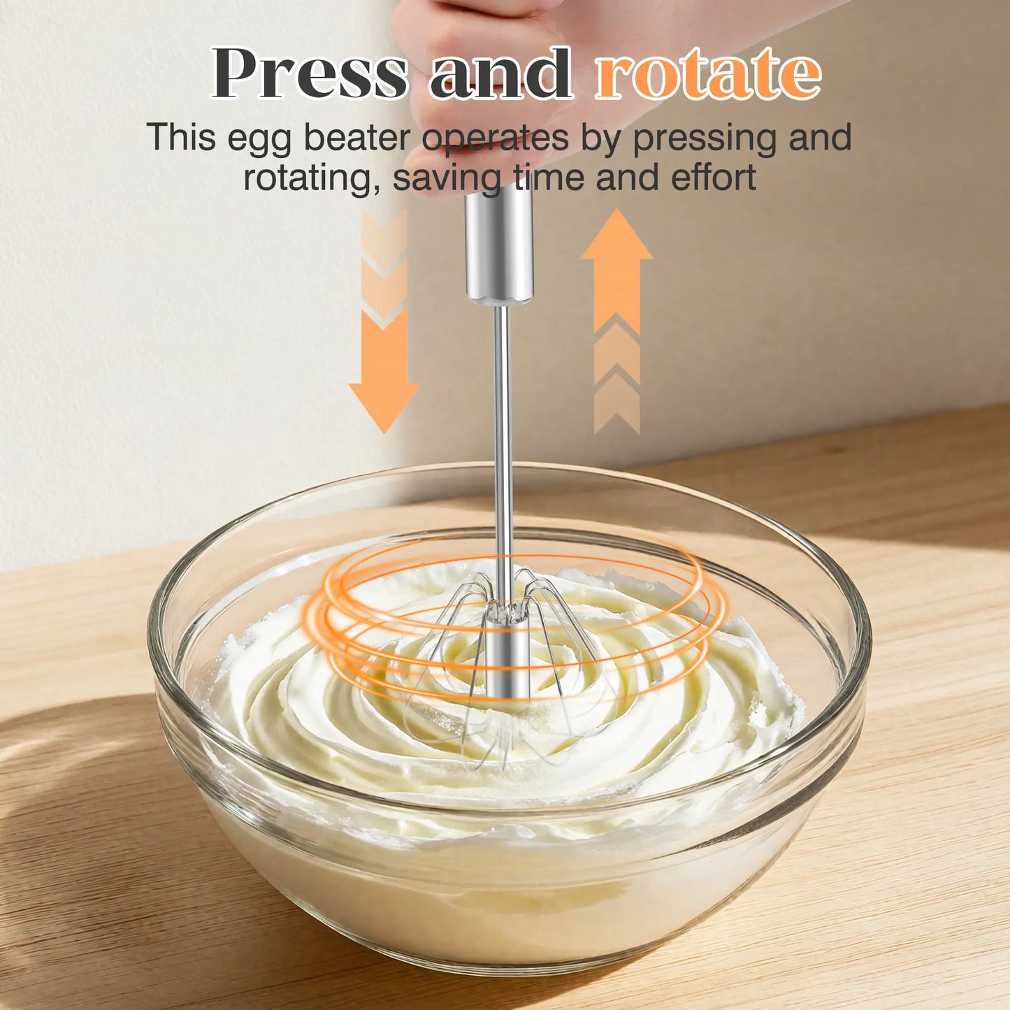🥚☕Stainless Steel Hand-Push Rotary Whisk, Food-Grade Rust-Resistant Kitchen Utensil with Sturdy Riveted Construction.