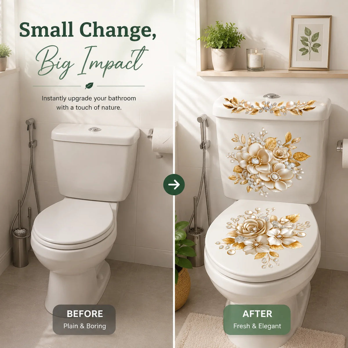 🔥 Limited-Time 49% OFF 🌸 Golden Floral Toilet Stickers – Pearl-Inspired Bathroom Decals