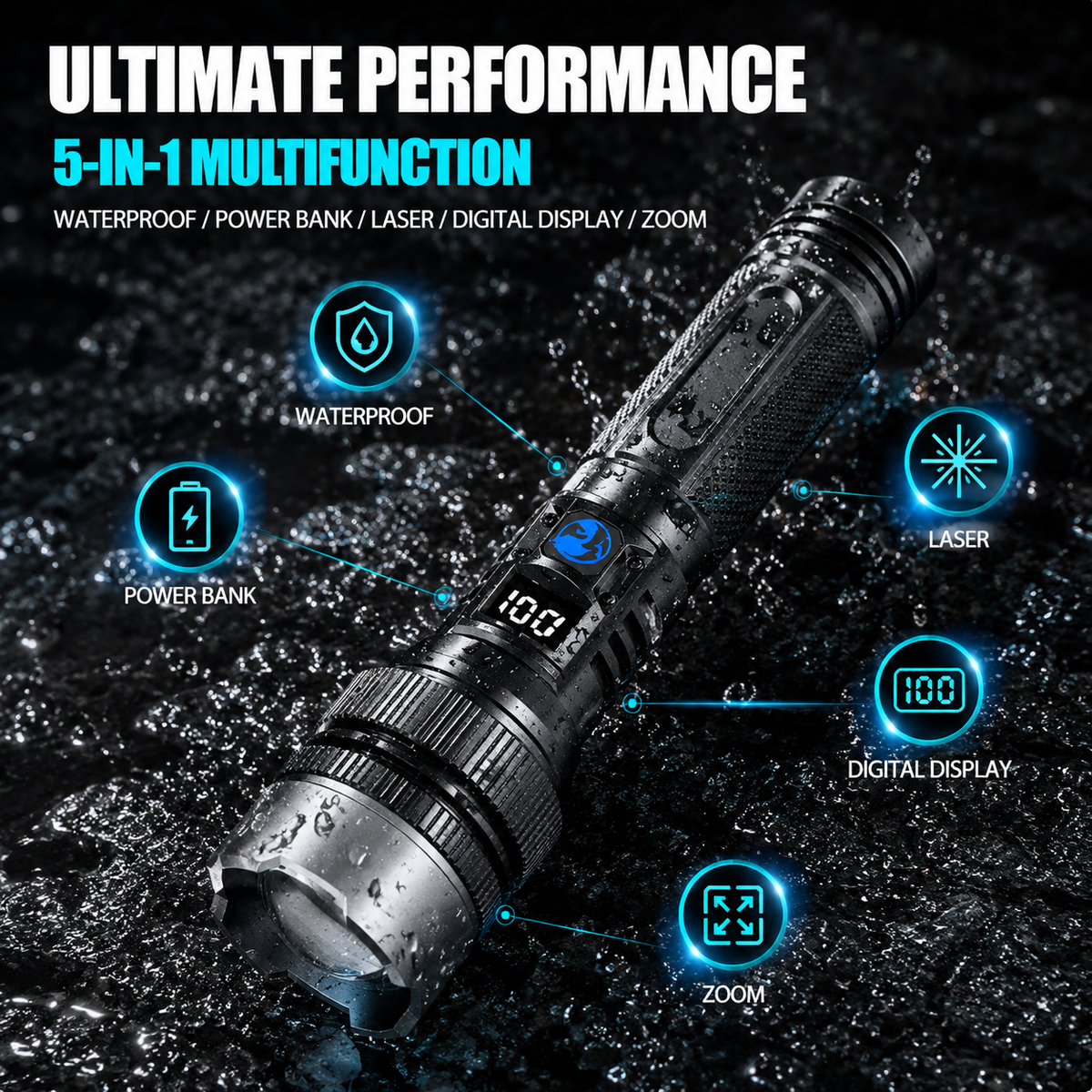 💥 50% OFF 🔦 High-Power Rechargeable Zoom Flashlight ✨ Power Bank & Digital Battery Display