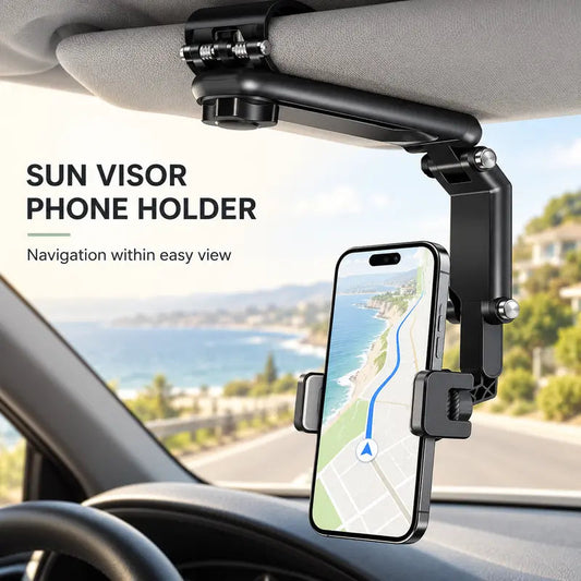 🚗 360° Rotating Car Sun Visor Phone Holder – Foldable & Adjustable Hands-Free Phone Mount