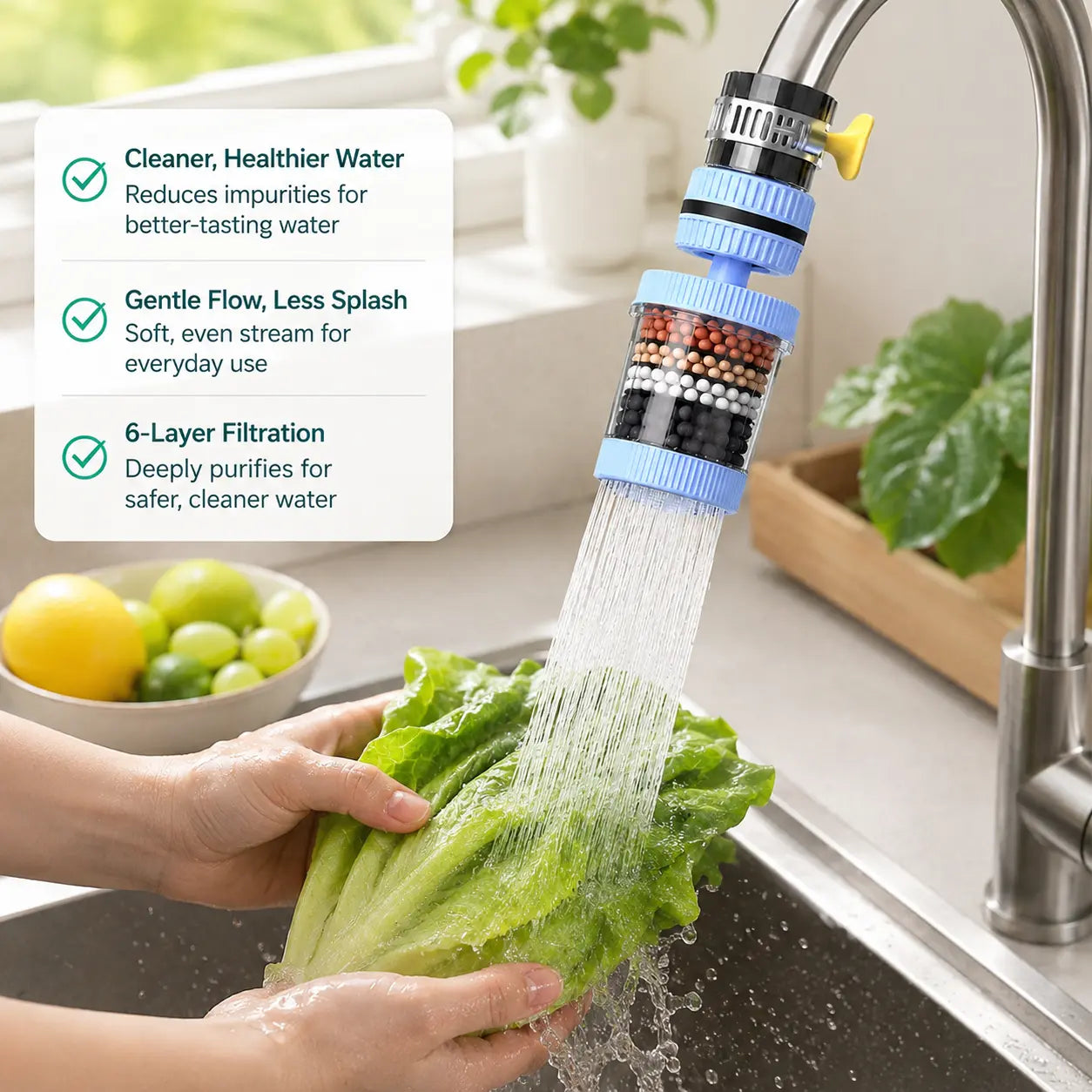 🔥LAST DAY 49% OFF🔥💧 6-Layer Faucet Water Filter ✨ 360° Rotatable Kitchen Tap Purifier, Splash-Free Tap Filter