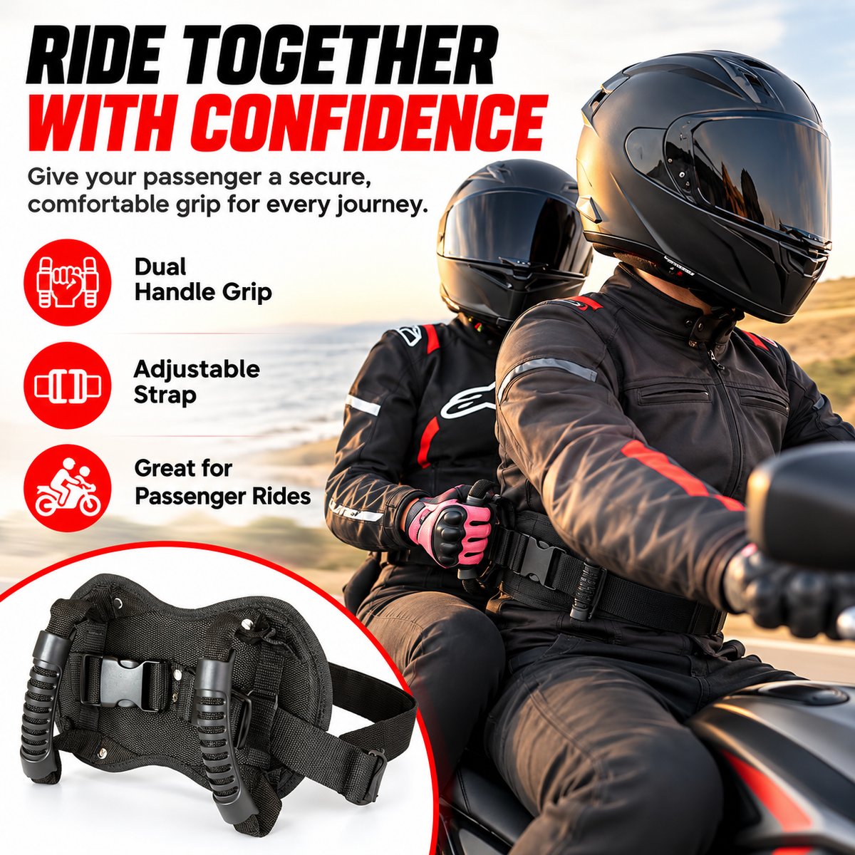 🏍️ Motorcycle Passenger Grab Handle Belt – Rear Seat Safety Grip Strap For Two Riders