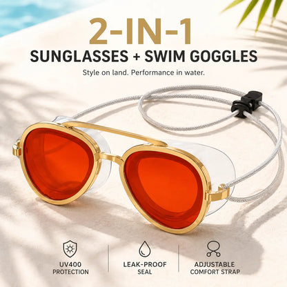 2-in-1 Polarized Swim Goggles & Sunglasses, Gold Frame Red Tinted Anti-Fog Goggles with UV Protection, 180° Wide View Silicone Seal for Adults