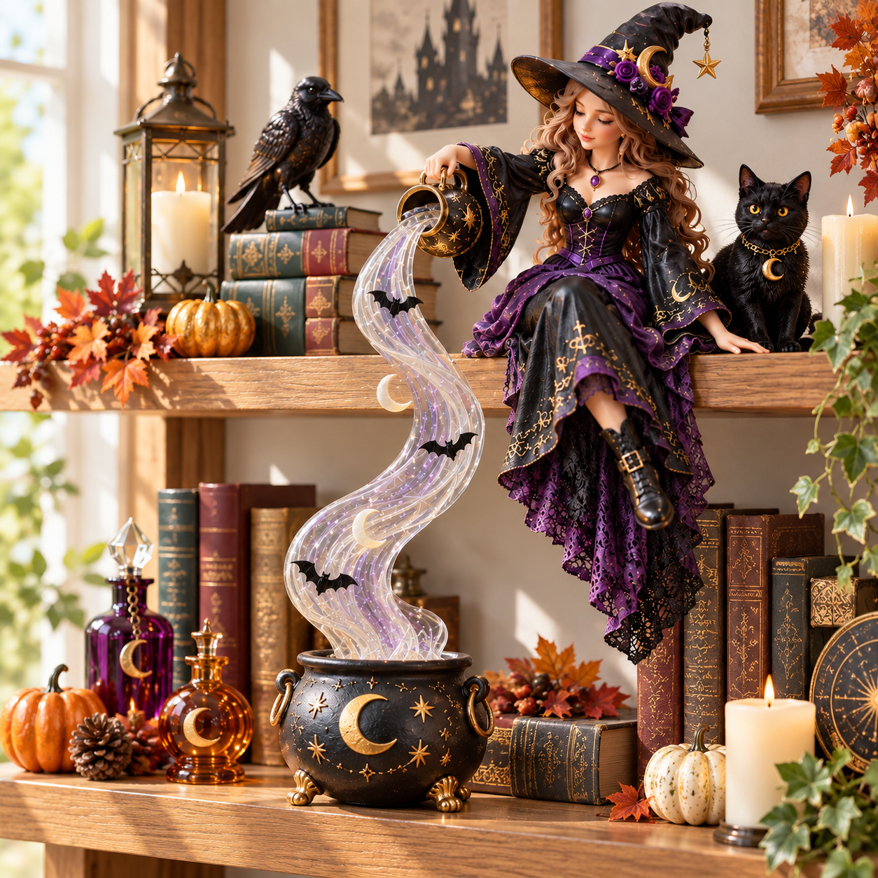 Unlit witch cascade decoration in a daylight shelf setting