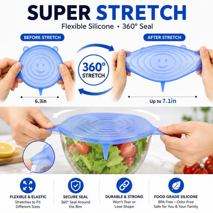 🥗 6-Pack Silicone Stretch Lids – Reusable♻️, BPA-Free & Leak-Proof Covers for Bowls, Pots, Cups & Fruits