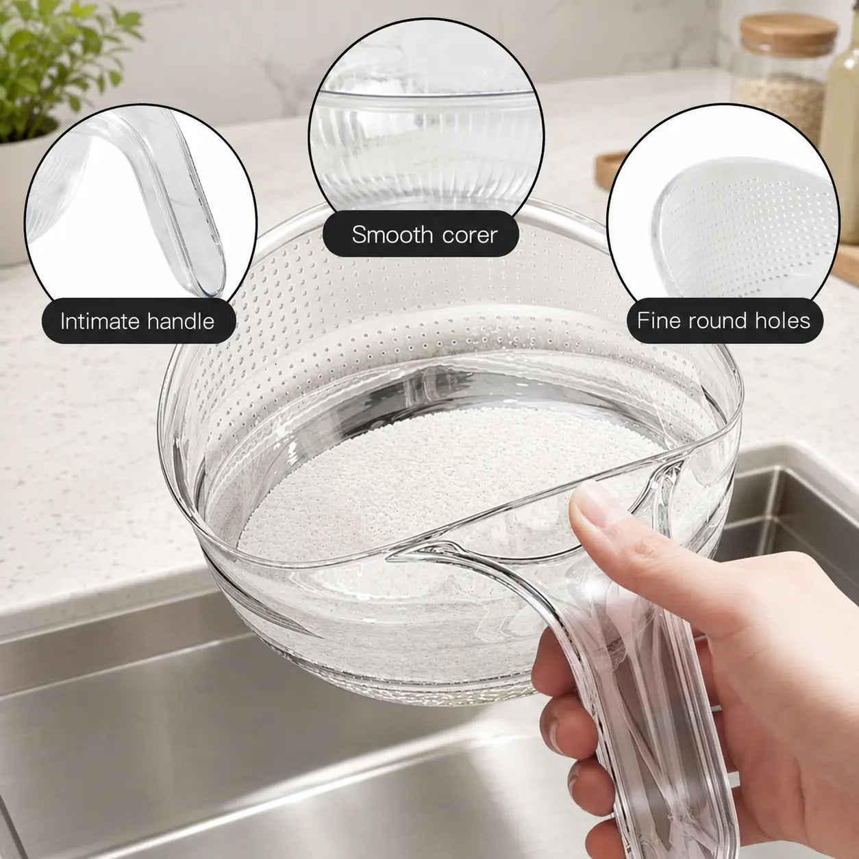 Aesthetic Multifunctional Rice Strainer with Handle - Sturdy BPA-Free Transparent Plastic Kitchen Utensils.
