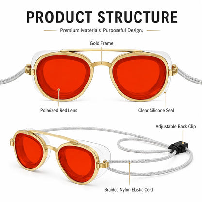 2-in-1 Polarized Swim Goggles & Sunglasses, Gold Frame Red Tinted Anti-Fog Goggles with UV Protection, 180° Wide View Silicone Seal for Adults