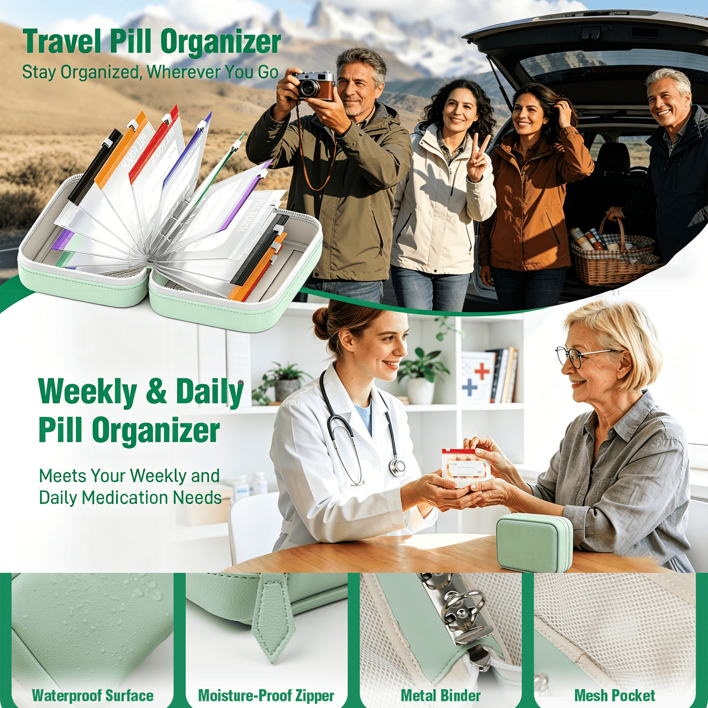 🔥 49% OFF | Waterproof Pill Organizer Binder – 14 Reusable Color-Coded Travel Pouches