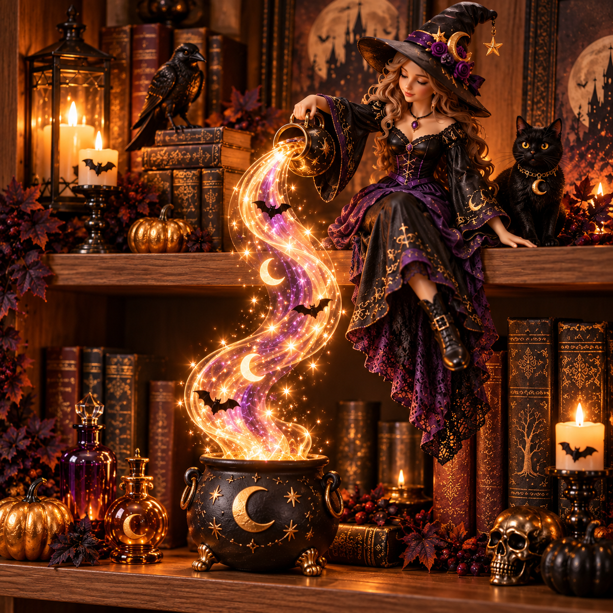 Witch cascade shelf light with glowing purple and amber accents