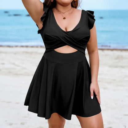 🔥49% OFF！Women's V Neck Wrap Ruffle Cutout One Piece Swim Dress, Tummy Control Beach Vacation Swimsuit