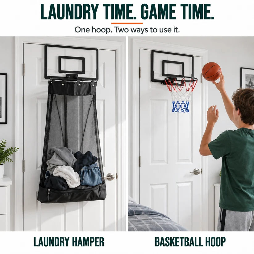 🏀 2-in-1 Door Hanging Laundry Basket with Basketball Hoop – Fun & Functional Storage!