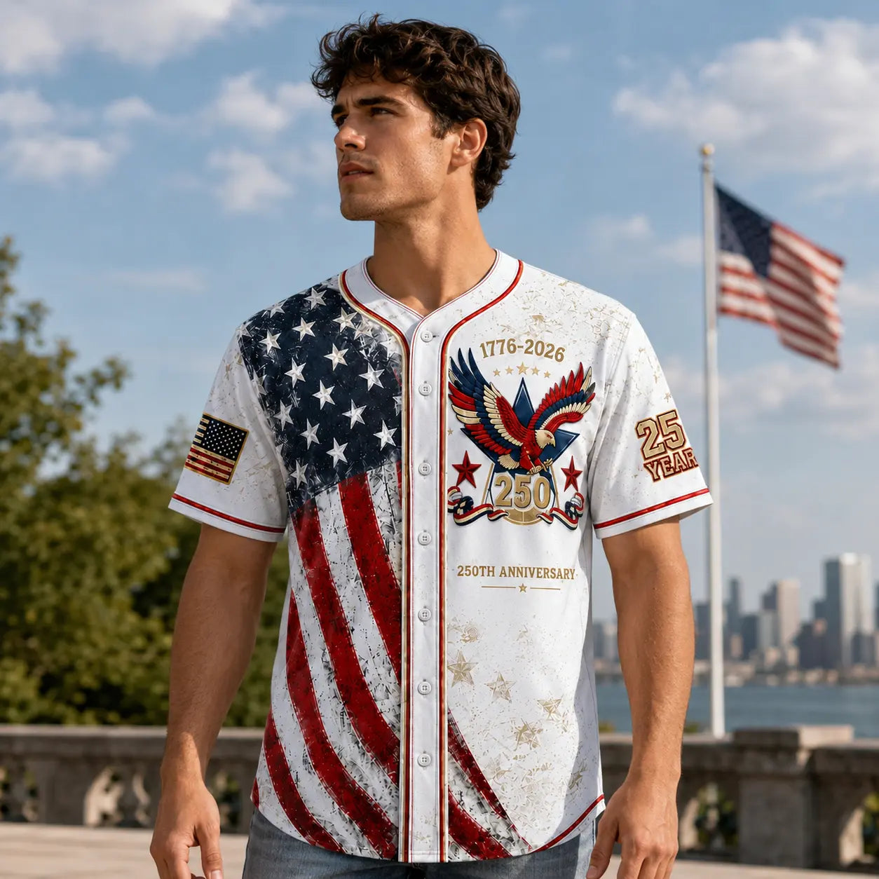 Unisex Button Down Baseball Jersey for Men & Women, USA 250th Anniversary Patriotic Shirt, American Flag Eagle Print 1776-2026