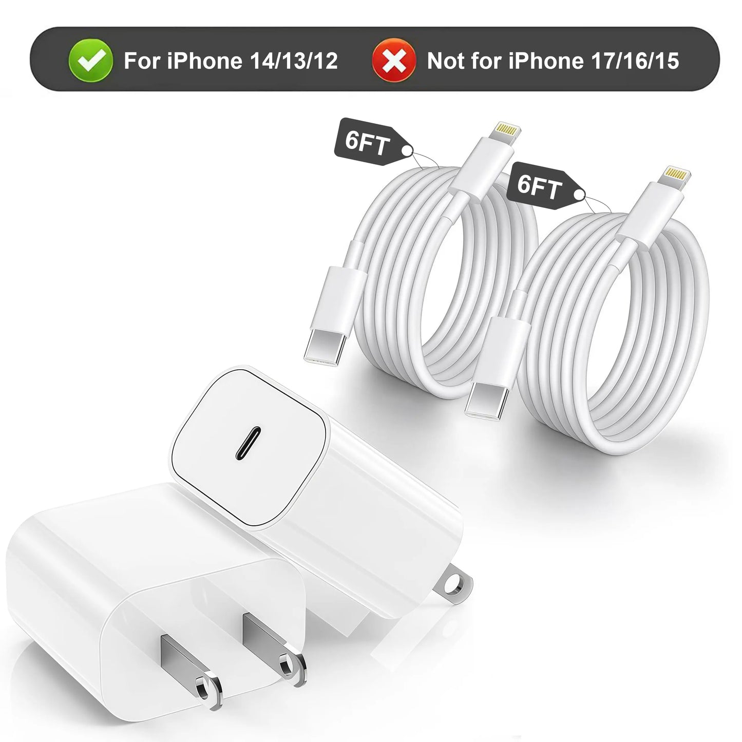 2-Pack 20W PD USB-C Fast Charger & 6FT Cable for iPhone