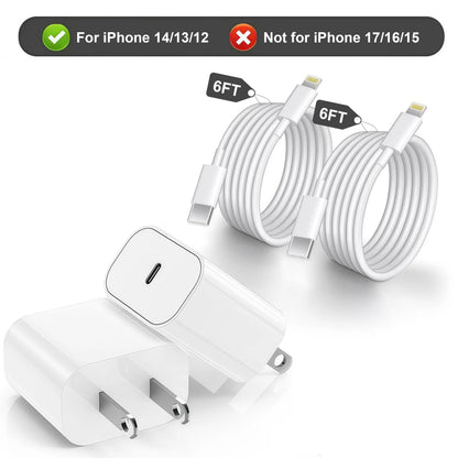2-Pack 20W PD USB-C Fast Charger & 6FT Cable for iPhone