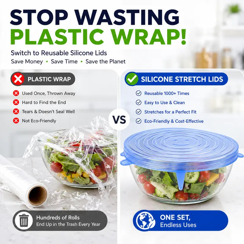 🥗 6-Pack Silicone Stretch Lids – Reusable♻️, BPA-Free & Leak-Proof Covers for Bowls, Pots, Cups & Fruits
