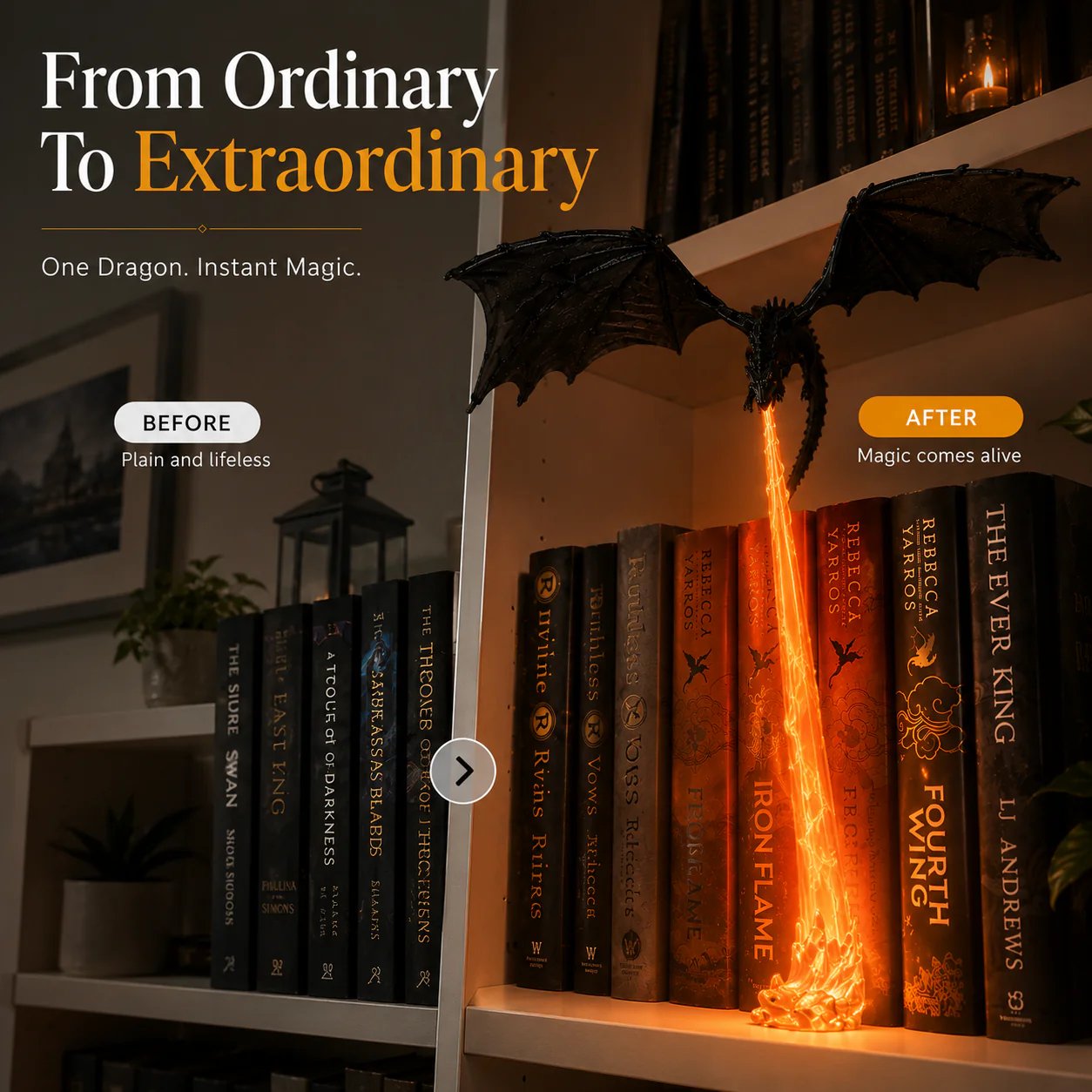 🔥 Limited 50% OFF🐉 Fire-Breathing Dragon Bookshelf Decor Lamp + LED Flame Light Kit