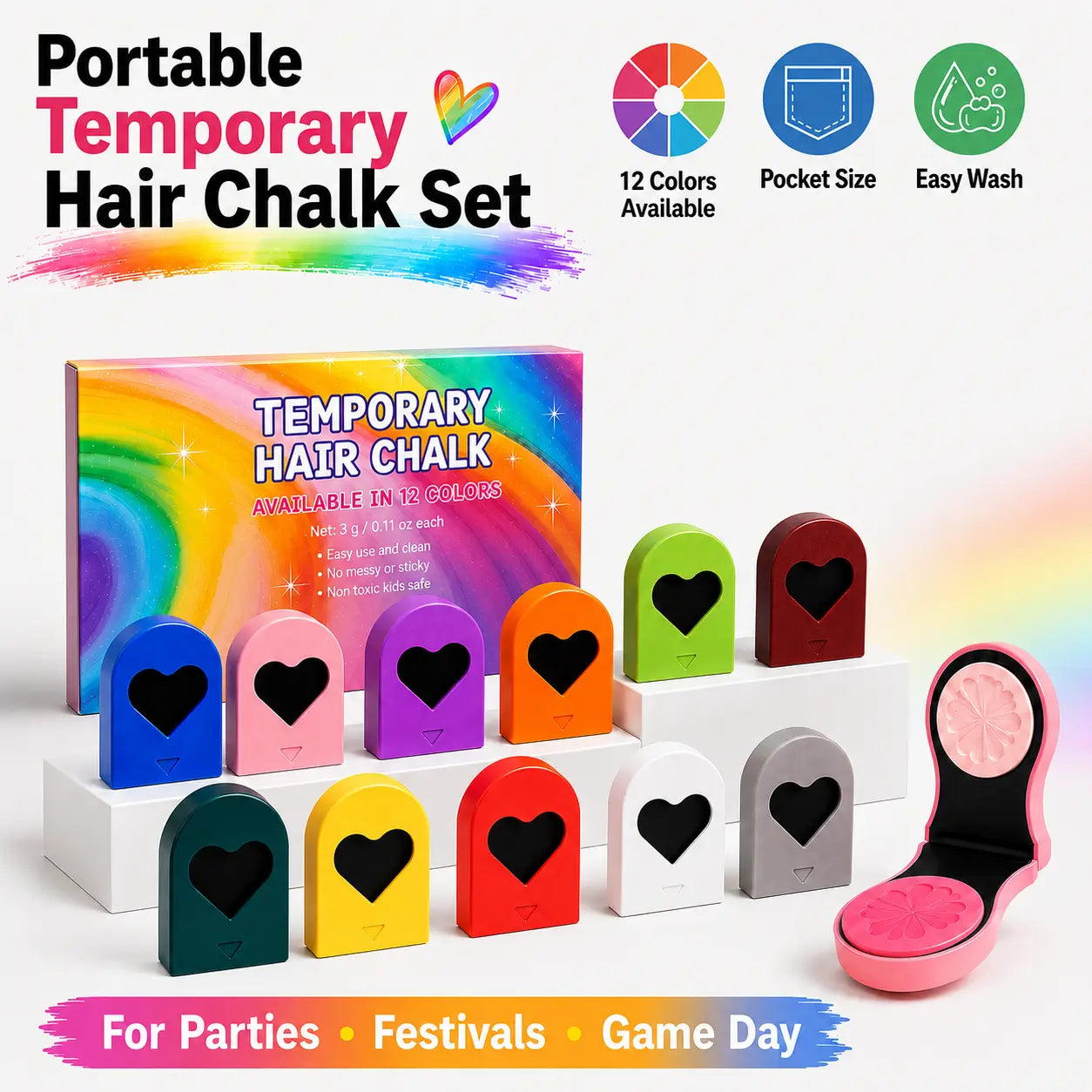 🔥LAST DAY 49% OFF🔥🌈 12-Color Washable Temporary Hair Chalk Set - Portable, Non-toxic Hair Color Powder