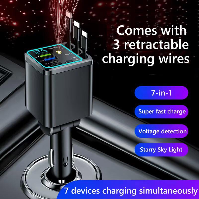 7-in-1 ✨120W Fast Car Charger with Star Projector, Retractable Cable Multi Port Car Charger PD Quick Charge