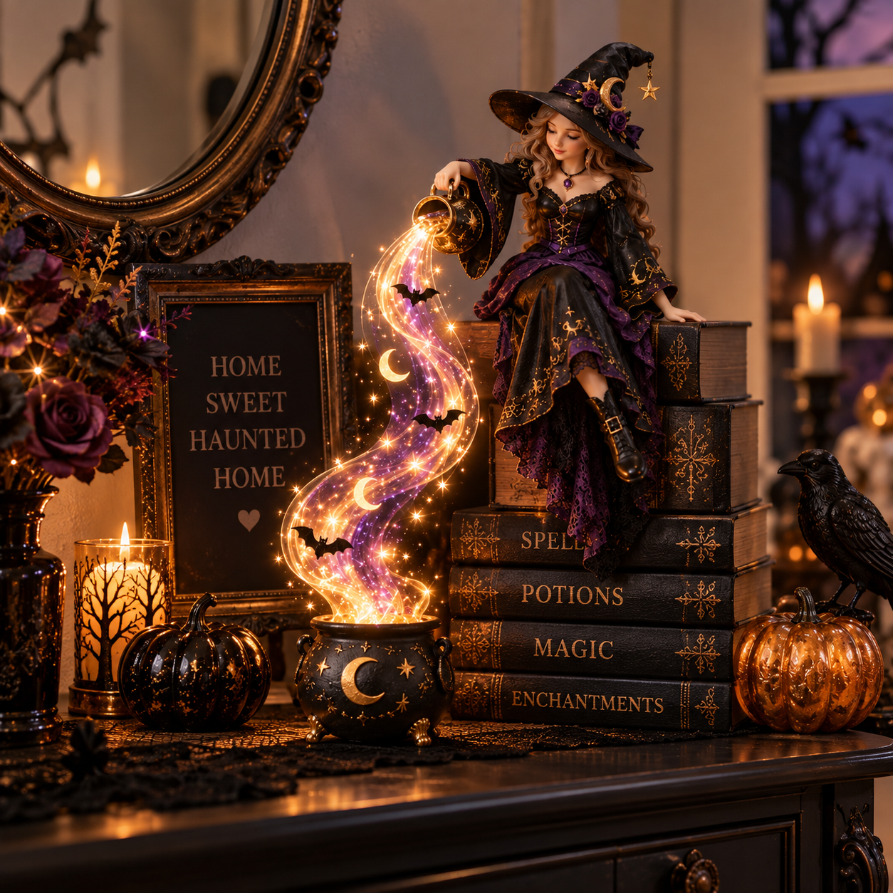 Witch cascade light styled on a shelf after dark