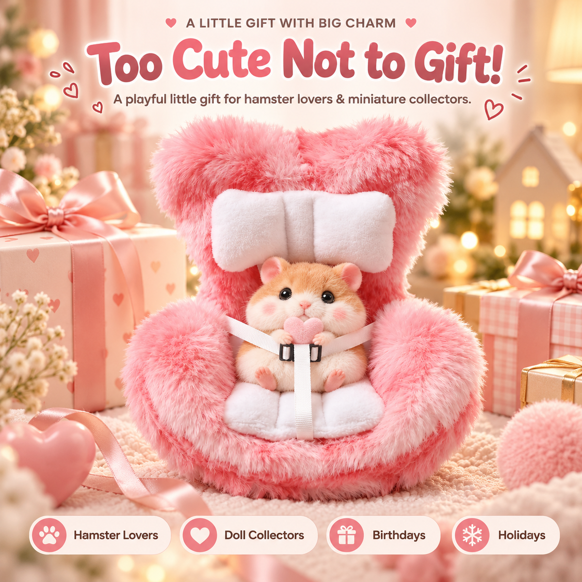 🐹 Mini Hamster Car Seat – Cute Fluffy Car Vent Holder & Doll Display Chair