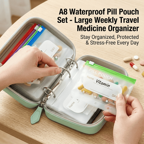🔥 49% OFF | Waterproof Pill Organizer Binder – 14 Reusable Color-Coded Travel Pouches