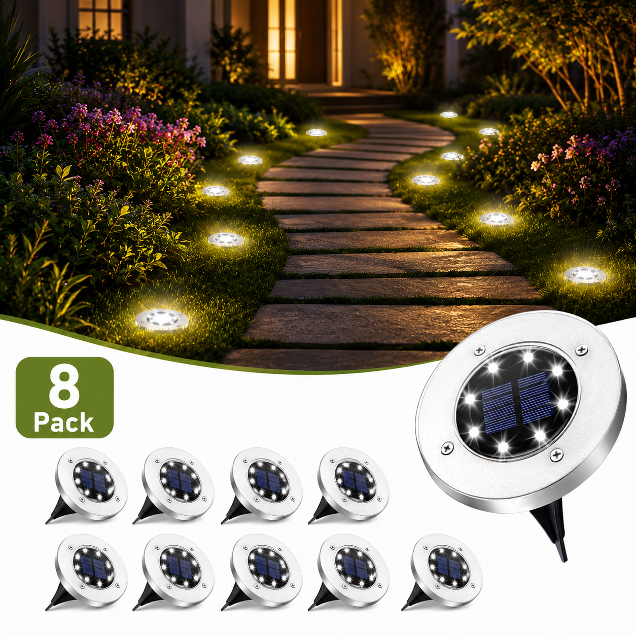 ☀️ 8 LED Solar Ground Lights | IP65 Waterproof 💧 Auto On/Off Garden Pathway Lights