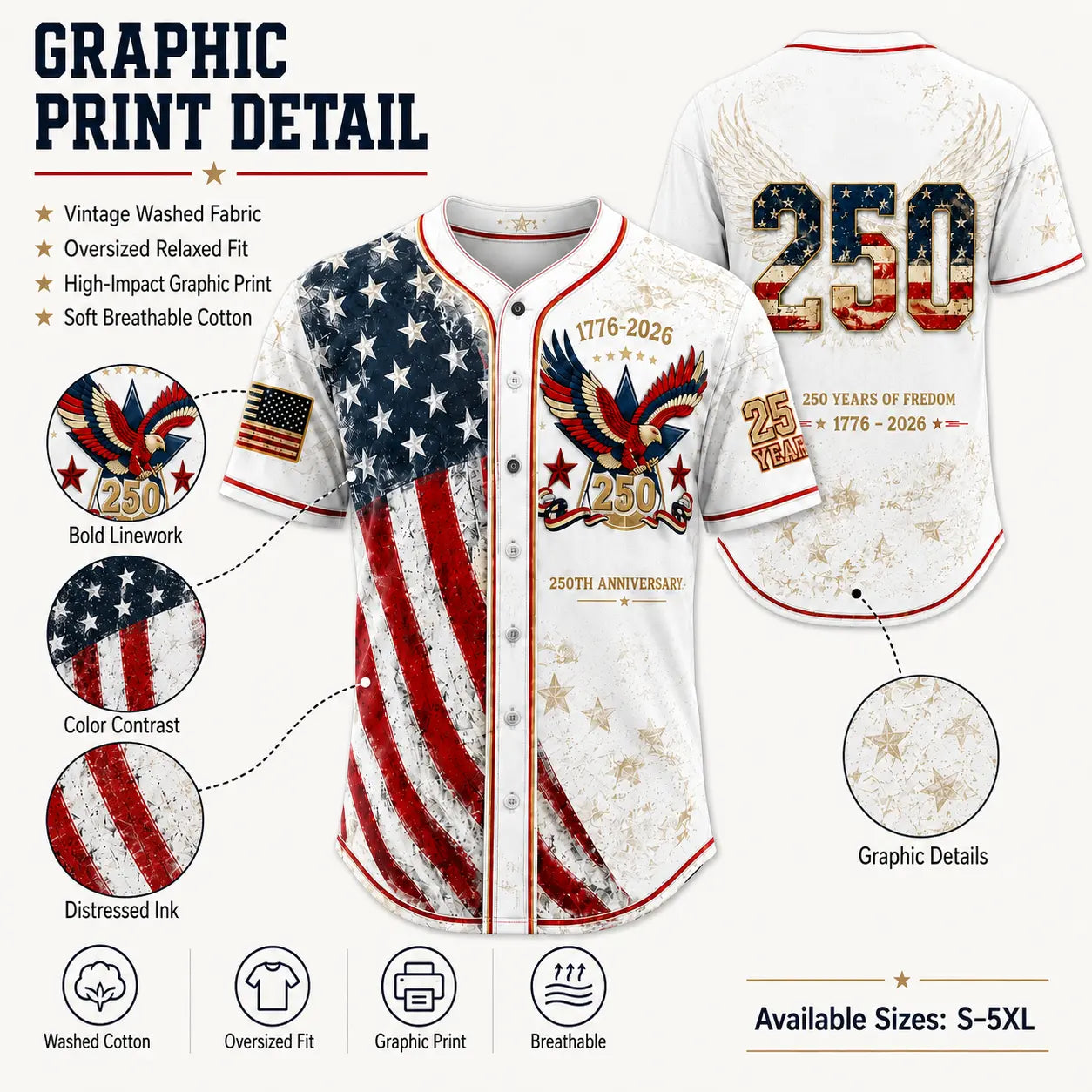 Unisex Button Down Baseball Jersey for Men & Women, USA 250th Anniversary Patriotic Shirt, American Flag Eagle Print 1776-2026