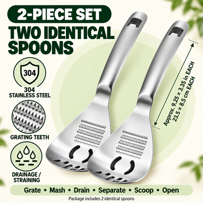 🥄 6-in-1 304 Stainless Steel Multi-Function Grater Spoon – Grate, Mash, Drain & Serve