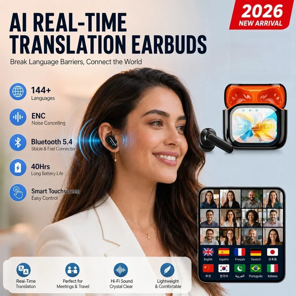 🌍 159-Language AI Translation Earbuds 🎧 | Smart Touchscreen Charging Case