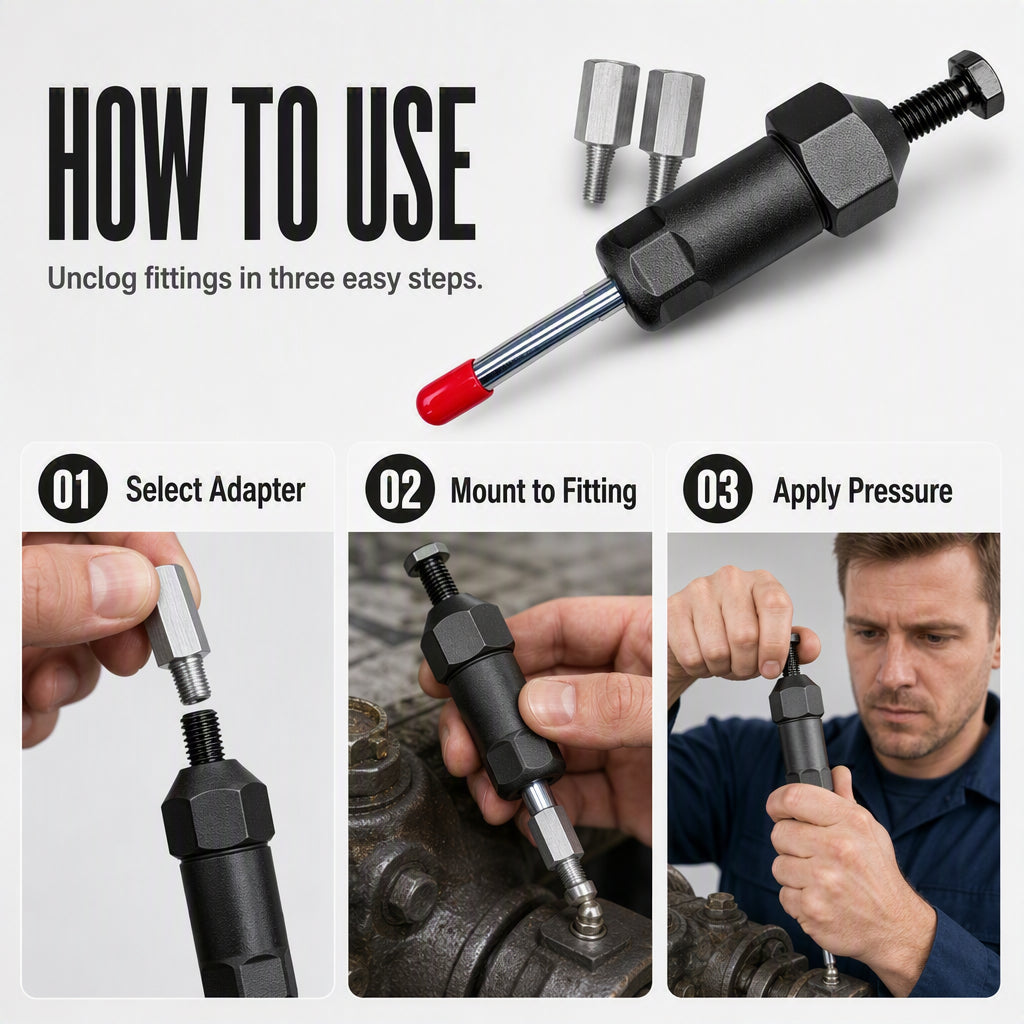 🔧 Heavy-Duty Grease Fitting Unclogger Tool | 600 PSI Grease Nipple Cleaner with Multi-Adapter Set