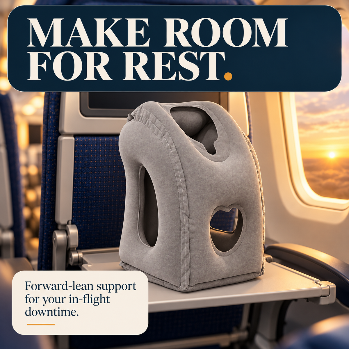 Gray travel pillow on an airplane tray table